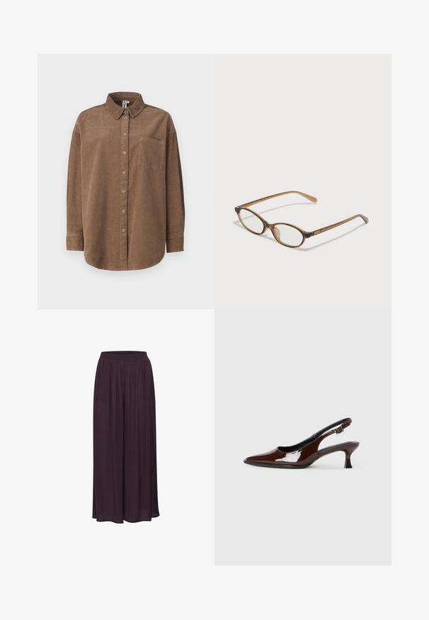 ONLY ONLAIME MOXI LONG - Blusa - fossil; Pantalones de pierna ancha hechos de una tela ligera de color púrpura oscuro. Cuentan con una cinturilla elástica y un diseño fluido con una textura suave.; Zapato slingback de charol marrón con punta afilada y tacón moderado. Cuenta con una correa con hebilla para un ajuste seguro. Textura suave.; Gafas de carey marrón con lentes ovalados, patas delgadas y acentos transparentes. Presenta un sutil logo en la varilla. Diseño elegante y ligero.
