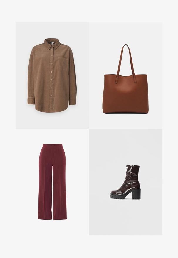 ONLY ONLAIME MOXI LONG - Overhemdblouse - fossil; Bordeaux brede broek met een streeppatroon, voorzien van een gladde textuur en een elastische tailleband voor comfort.; Glanzende bordeauxrode enkelboot met een chunky zwarte hak, met een gladde textuur en een eenvoudig ontwerp. Geen zichtbare sluitingen of patronen.; Bruine leren tote bag met een gladde textuur, een ontwerp met een open bovenkant en twee schouderbanden. Kenmerkt zich door minimale stiksels en geen zichtbare hardware.