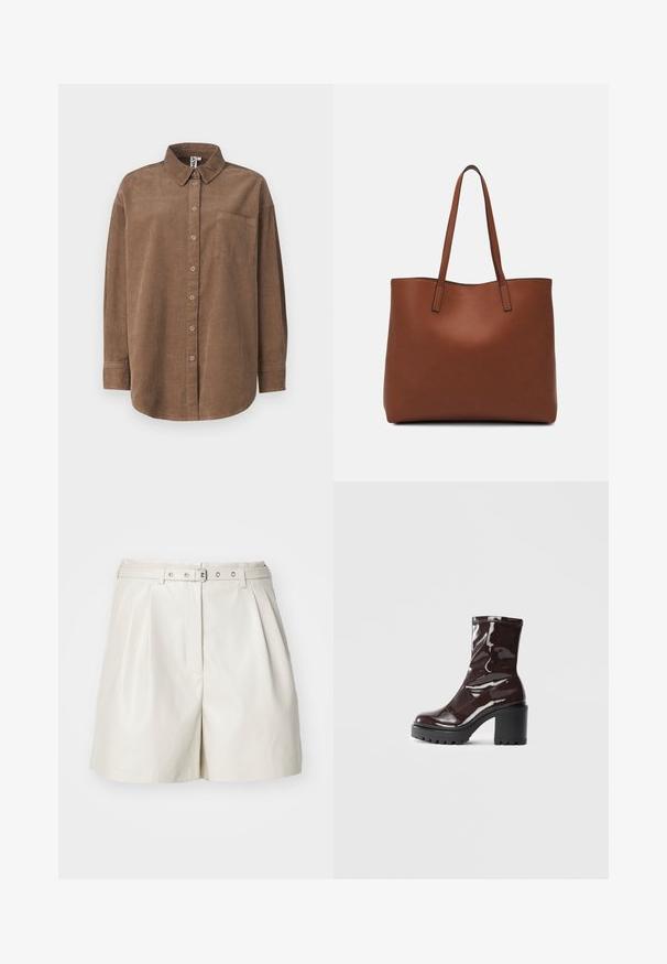 ONLY ONLAIME MOXI LONG - Užsagstoma palaidinė - fossil; ONLY ONLHEIDI - Šortai - pumice stone; Blizgus burgundių spalvos kulknapis su tankiu juodu kulnu, pasižymintis lygiu paviršiumi ir paprastu dizainu. Nėra matomų užsegimų ar raštų.; Ruda odinė priekabų krepšys su glotnia tekstūra, atviru viršumi ir dviem petnešomis. Su minimalia siuvimo detalėmis ir nematoma aparatūra.