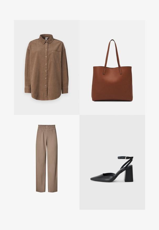 ONLY ONLAIME MOXI LONG - Hemdbluse - fossil; Plissierte, weit geschnittene Hosen aus einem hellbraunen Stoff mit elastischem Bund, die vertikale Streifen für zusätzliche Textur und Design aufweisen.; Schwarze Leder-Pumps mit spitzer Zehe, einem Knöchelriemen und einem blockigen Absatz. Flache Textur, elegantes Design und minimalistische Ästhetik.; Braune Leder-Tote mit glatter Textur, offenem Oberteil und zwei Schulterriemen. Verfügt über minimale Nähte und keine sichtbaren Beschläge.