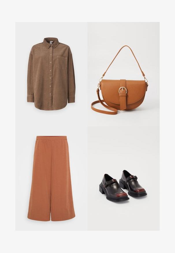 ONLY ONLAIME MOXI LONG - Button-down blouse - fossil; Rust-colored culottes made from lightweight, crinkled fabric. Features an elastic waistband and wide, flowing legs. Smooth texture throughout.; Leather block-heeled shoes with a shiny dark burgundy finish, featuring a buckle strap and rounded toe design. Textured outsole for grip.; Brown leather crossbody bag with a curved shape, gold hardware, and a buckle accent. Features a detachable shoulder strap.