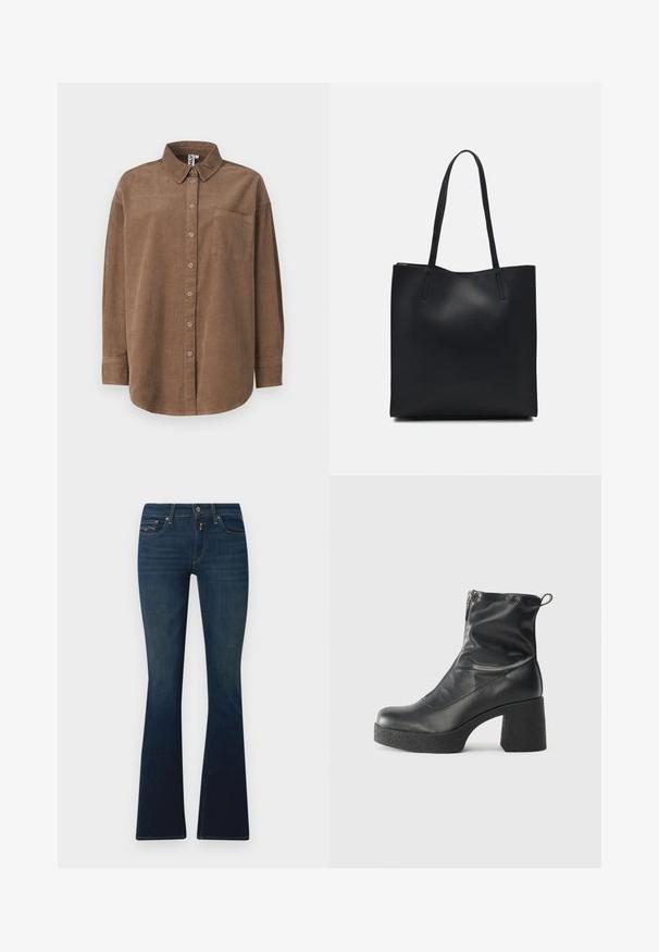 ONLY ONLAIME MOXI LONG - Button-down blouse - fossil; Dark blue flared jeans made from denim, featuring a waistband with a front button, angled pockets, and subtle stitching detail.; Black ankle boots made of smooth leather, featuring a side zipper, chunky textured heel, and rounded toe design.; Black leather tote bag with smooth texture, rectangular shape, and two long handles. No visible hardware or embellishments.