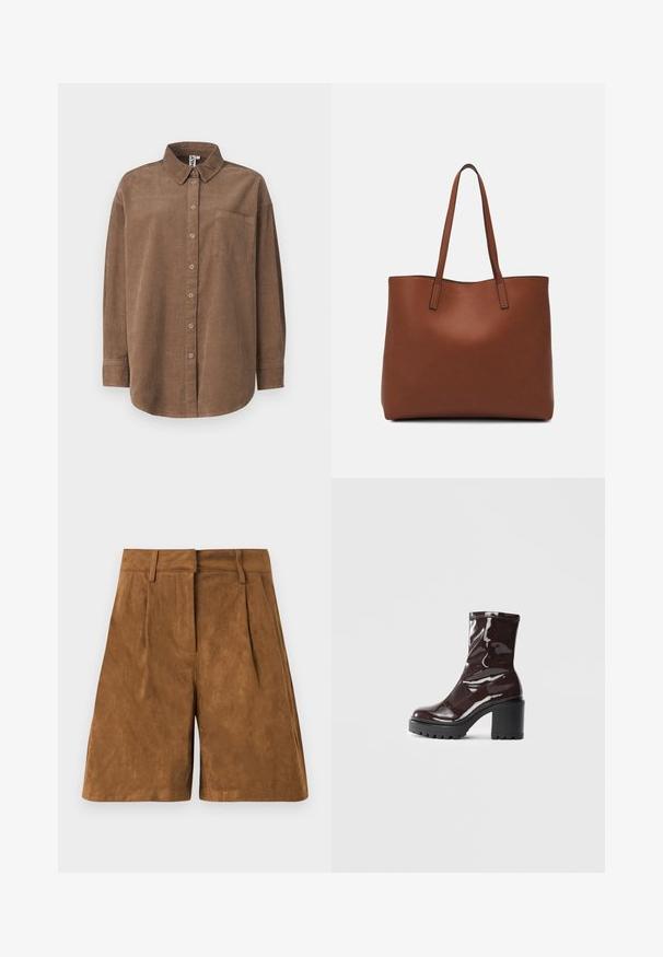 ONLY ONLAIME MOXI LONG - Nööpidega pluus - fossil; Pruunist seemisest nahast lühikesed püksid, millel on sile tekstuur, esiplekid, lame vöökohus ja sirge lõige.; Klakav läikiv burgundi värvi pahkluu saabas, millel on paks must konts, sile tekstuur ja lihtne disain. Nähtavad kinnitused või mustrid puuduvad.; Pruun nahast tote-kott, millel on sile tekstuur, avatud ülaosa disain ja kaks õlarihma. Omab minimaalset õmblust ja nähtavat riistvara ei ole.