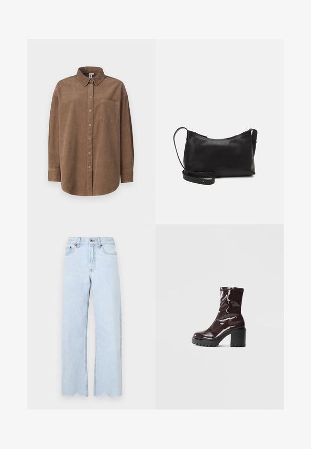 ONLY ONLAIME MOXI LONG - Blusa com botões - fossil; Jeans de perna larga em azul claro com bainha desfiada, feitos de denim. As características incluem fecho de botão, passantes para cinto e bolsos laterais.; Bota de tornozelo burgundy brilhante com um salto preto robusto, apresentando uma textura suave e um design simples. Sem fechos ou padrões visíveis.; Bolsa de ombro em pele preta com textura suave, forma curva, alça ajustável e fecho com zip. Design minimalista sem adornos.