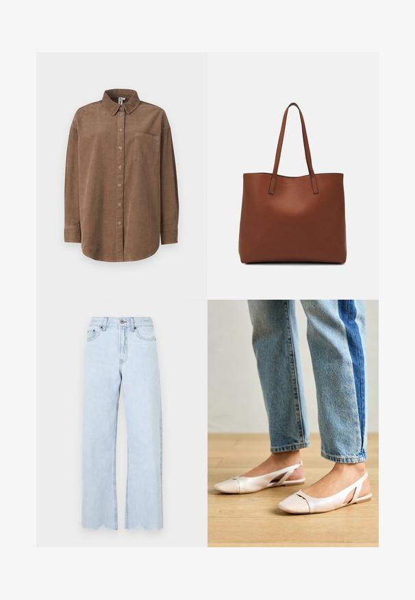 ONLY ONLAIME MOXI LONG - Cămașă - fossil; Jeans largi de culoare albastru deschis, cu tiv brut, realizati din denim. Caracteristici includ o inchidere cu nasture, bucle pentru centura si buzunare laterale.; Sandalete plate de un roz pal cu vârf ascuțit, realizate dintr-un material asemănător pielii, neted. Prezintă detalii decupate pe laterale și un toc plat.; Geantă de umăr din piele maro cu o textură netedă, design cu vârf deschis și două curele pentru umăr. Prezintă cusături minime și fără componente metalice vizibile.