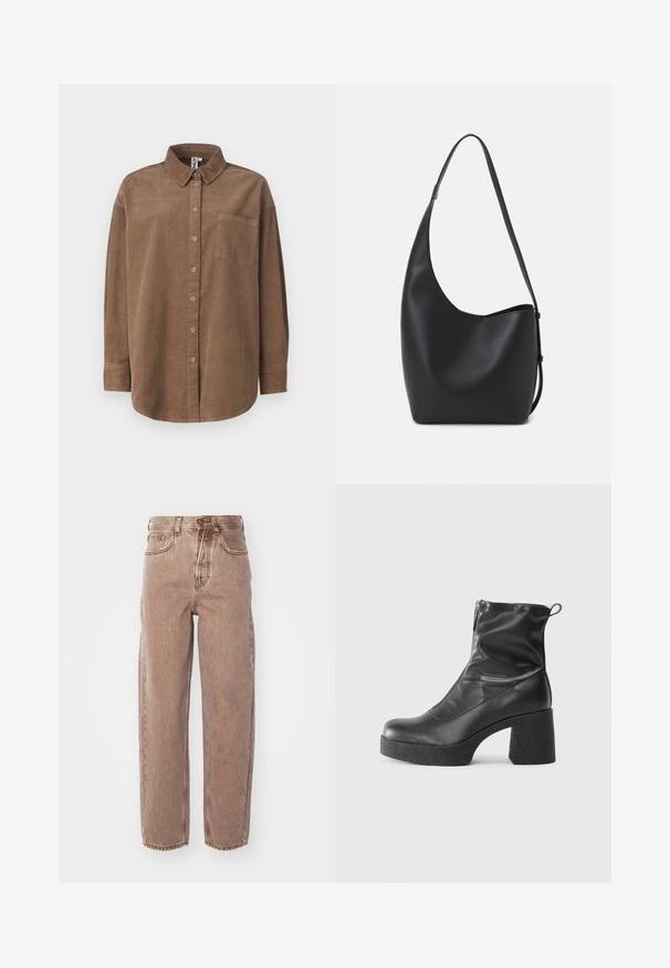 ONLY ONLAIME MOXI LONG - Πουκαμίσα με κουμπιά - fossil; Pepe Jeans BARREL - Straight leg jeans - earth brown; Μαύρες μποτές μέχρι τον αστράγαλο από λείο δέρμα, με πλευρικό φερμουάρ, χοντρό υφασμάτινο τακούνι και στρογγυλή μύτη.; Μαύρη δερμάτινη tote τσάντα με λείο υφή, καμπύλο σχήμα και μία ρυθμιζόμενη ζώνη. Διαθέτει μεγάλη άνοιγμα στην κορυφή.