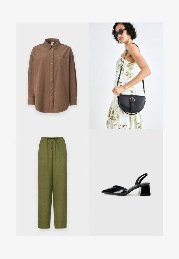 ONLY ONLAIME MOXI LONG - Bluza z gumbi - fossil; Olivno zelene, ohlapne hlače iz teksturiranega blaga, ki imajo elastični pas z vrvico ter dva stranska žepa.; Črne lakirane slingback pete s koničastim nosom in geometrijsko blokasto peto. Imajo eleganten, minimalističen dizajn in gladko teksturo.; Črna usnjena torbica s ukrivljeno obliko, z odstranljivo naramnico in zlatimi dodatki. Torbica ima pokrov s podrobnostmi v obliki zaponke.