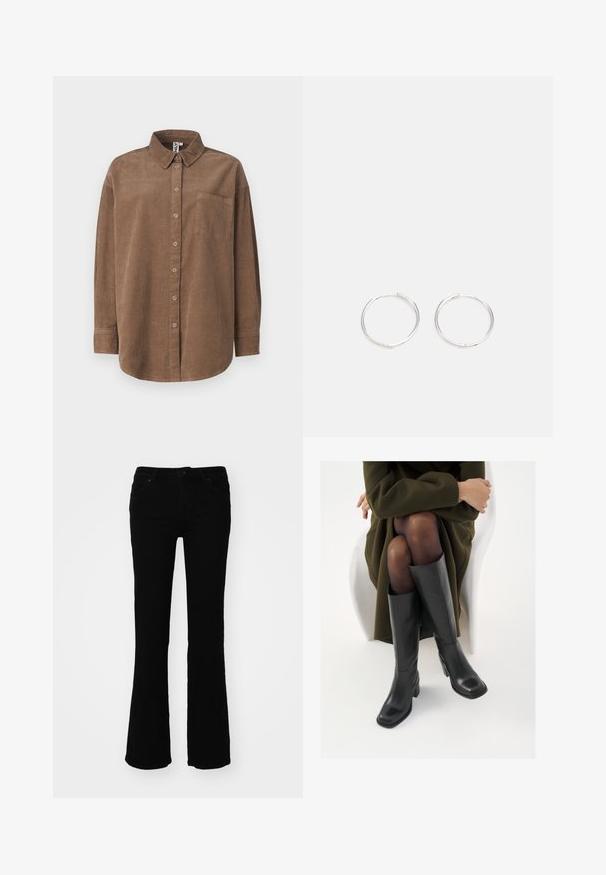 ONLY ONLAIME MOXI LONG - Pogājama blūze - fossil; Melni plati džinsi, kas izgatavoti no denima, ar vidēju jostasvietu, piecām kabatām un smalkām šuvēm aizmugurējās kabatās.; Ceļgalu augstuma melni ādas zābaki ar kvadrātu purngalu un bloku papēdi, attēloti modelī, kurš sēž olīvu zaļā mētelī. Gluda tekstūra, minimāla apdare.; Sudraba riņķa auskari ar elegantu, apaļu dizainu, kas izceļas ar gludu virsmu un bez redzamām rotājumām. Diametrs netiek norādīts.