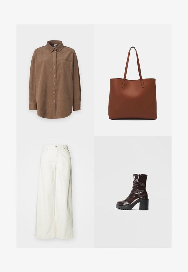 ONLY ONLAIME MOXI LONG - Nööpidega pluus - fossil; Laiad valged teksapüksid, mis on valmistatud denimist. Omavad kõrget vööd, esimest nuppude sulgemist ja klassikalist viit taskut. Sile tekstuur, mingeid mustreid pole.; Klakav läikiv burgundi värvi pahkluu saabas, millel on paks must konts, sile tekstuur ja lihtne disain. Nähtavad kinnitused või mustrid puuduvad.; Pruun nahast tote-kott, millel on sile tekstuur, avatud ülaosa disain ja kaks õlarihma. Omab minimaalset õmblust ja nähtavat riistvara ei ole.