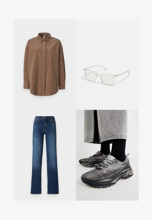 ONLY ONLAIME MOXI LONG - Košilová halenka  - fossil; Tmavě modré džíny z denimu se střihem rovného nohavice, středně vysokým pasem a jemným vyblednutím na lemech. Obsahují pět kapes a zapínání na knoflík.; Černé a šedé sportovní boty mají síťovaný svršek, silné podrážky a šněrování. Mají zaoblenou špičku a viditelné polstrování.; Průhledné plastové brýle čtvercového rámečku s průsvitnými čočkami, které mají zlaté akcenty na spáncích pro zvýraznění detailů.