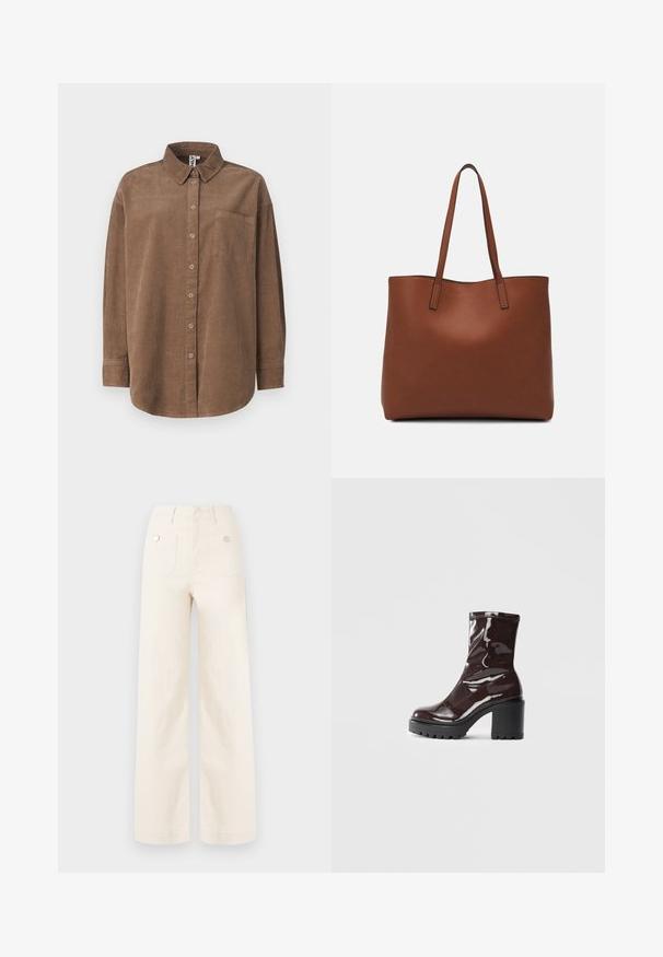 ONLY ONLAIME MOXI LONG - Pogājama blūze - fossil; Platas kājas bikses krēmīgi baltā kokvilnā. Ievērojams augsts jostasvieta, divas aizmugures kabatas ar metāla pogām un tīra, gluda tekstūra.; Spīdīgas bordo potīšu botītes ar masīlu melnu papēdi, kurām ir gluda tekstūra un vienkāršs dizains. Nav redzamu aizdari vai rakstu.; Brūna ādas iepirkumu soma ar gludu tekstūru, atvērta augšdaļa un divas plecu siksnas. Izceļas ar minimālām šuvēm un redzamu aparatūru nav.