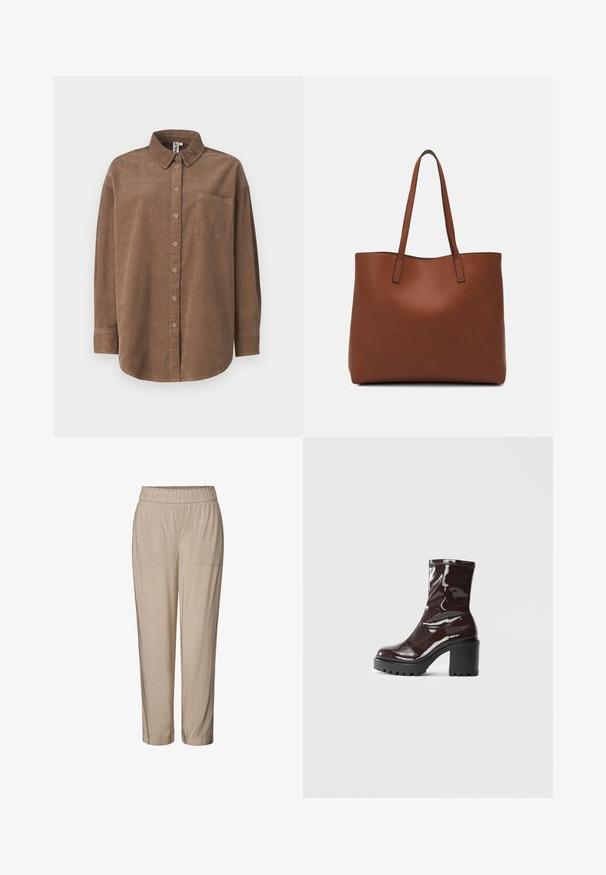 ONLY ONLAIME MOXI LONG - Hemdbluse - fossil; Beige, elastische Hüfthosen mit zwei Fronttaschen, tailliertem Bein design und glatter Textur. Geeignet für lässige oder entspannte Kleidung.; Glatte bordeauxrote Ankle Boots mit einem klobigen schwarzen Absatz, die eine glatte Oberfläche und ein einfaches Design aufweisen. Keine sichtbaren Verschlüsse oder Muster.; Braune Leder-Tote mit glatter Textur, offenem Oberteil und zwei Schulterriemen. Verfügt über minimale Nähte und keine sichtbaren Beschläge.