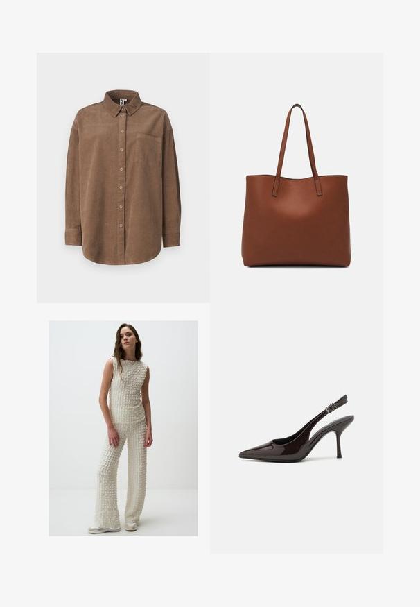 ONLY ONLAIME MOXI LONG - Hemdbluse - fossil; Weißes, strukturiertes Strickoutfit mit einem ärmellosen Top und weit geschnittenen Hosen. Der Stoff hat ein erhabenes Muster, das durch hellfarbige Schuhe ergänzt wird.; Slingback-Pumps aus glänzendem dunklen braunen Lackleder, mit spitzer Zehenpartie, offenen Seiten und verstellbarem Knöchelriemen.; Braune Leder-Tote mit glatter Textur, offenem Oberteil und zwei Schulterriemen. Verfügt über minimale Nähte und keine sichtbaren Beschläge.