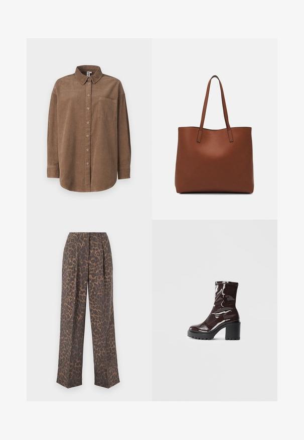 ONLY ONLAIME MOXI LONG - Skjortebluse - fossil; Leopardmønstrede vide bukser i brunt og beige, med plisseringer, en glat stoftekstur og en skræddersyet pasform.; Glinsende burgunder ankelstøvel med en kraftig svart hæl, med en glatt tekstur og enkelt design. Ingen synlige lukkinger eller mønstre.; Brun lær tote veske med en jevn tekstur, åpen toppdesign og to skulderstropper. Har minimal søm og ingen synlige spiker.