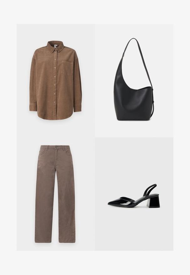 ONLY ONLAIME MOXI LONG - Overhemdblouse - fossil; Bruine, rechte broek van katoen, met een knoopsluiting aan de voorkant, riemlussen en vijf zakken met een gladde textuur.; Zwarte gepatineerde leren slingback hakken met een spitse neus en een geometrische blokhak. Kenmerkt zich door een slank, minimalistisch ontwerp en een gladde textuur.; Zwarte leren hobo tas met een gladde textuur, kromme vorm en een enkele verstelbare schouderband; heeft een brede opening aan de bovenkant.