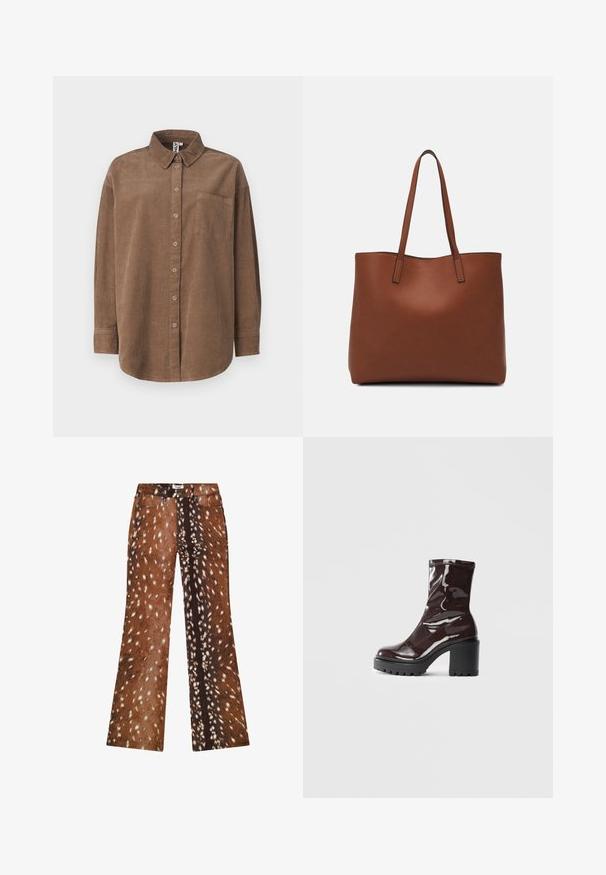 ONLY ONLAIME MOXI LONG - Camicia - fossil; Pantaloni a zampa color marrone con un motivo maculato che ricorda il pelo di un animale, con tonalità di marrone chiaro e scuro, dalla texture liscia e in tessuto denim.; Stivale alla caviglia bordeaux lucido con un tacco spesso nero, caratterizzato da una superficie liscia e un design semplice. Nessuna chiusura visibile o motivo.; Borsa tote in pelle marrone con texture liscia, design con apertura superiore e due spallacci. Presenta cuciture minime e nessun hardware visibile.