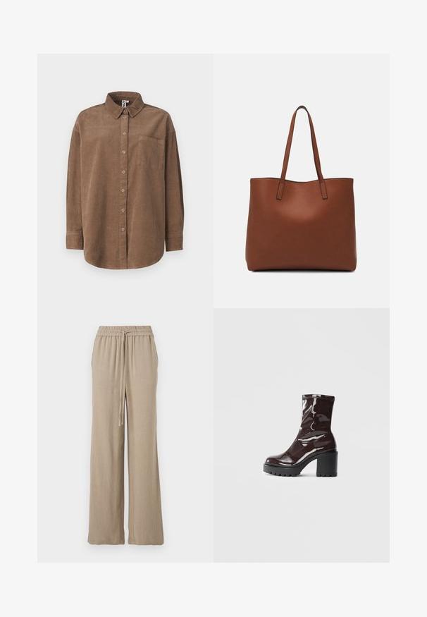 ONLY ONLAIME MOXI LONG - Hemdbluse - fossil; Beige weite Hose aus leichtem Stoff. Mit einem elastischen Bund und Kordelzug sowie Seitentaschen. Sanfte Textur.; Glatte bordeauxrote Ankle Boots mit einem klobigen schwarzen Absatz, die eine glatte Oberfläche und ein einfaches Design aufweisen. Keine sichtbaren Verschlüsse oder Muster.; Braune Leder-Tote mit glatter Textur, offenem Oberteil und zwei Schulterriemen. Verfügt über minimale Nähte und keine sichtbaren Beschläge.