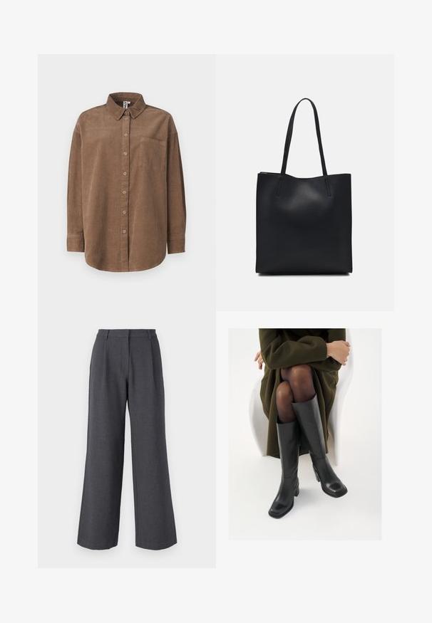 ONLY ONLAIME MOXI LONG - Blusa com botões - fossil; Calças largas cinzentas com um tecido texturado, apresentando pregas frontais, uma cintura estruturada e um acabamento limpo no tornozelo.; Botas de couro pretas até ao joelho com biqueira quadrada e salto em bloco, apresentadas com um modelo sentado num casaco verde-azeitona. Textura lisa, com detalhes mínimos.; Bolsa tote preta em couro com textura lisa, forma retangular e duas alças longas. Sem hardware ou enfeites visíveis.