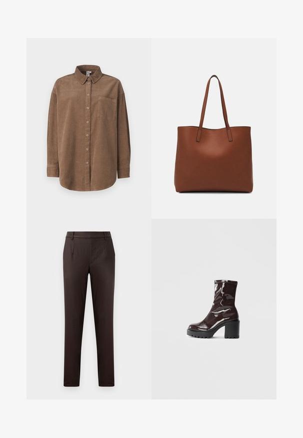 ONLY ONLAIME MOXI LONG - Hemdbluse - fossil; Braune maßgeschneiderte Hosen mit glatter Textur, mit vorderen Taschen, einem flachen Frontdesign und einer schlanken Passform.; Glatte bordeauxrote Ankle Boots mit einem klobigen schwarzen Absatz, die eine glatte Oberfläche und ein einfaches Design aufweisen. Keine sichtbaren Verschlüsse oder Muster.; Braune Leder-Tote mit glatter Textur, offenem Oberteil und zwei Schulterriemen. Verfügt über minimale Nähte und keine sichtbaren Beschläge.