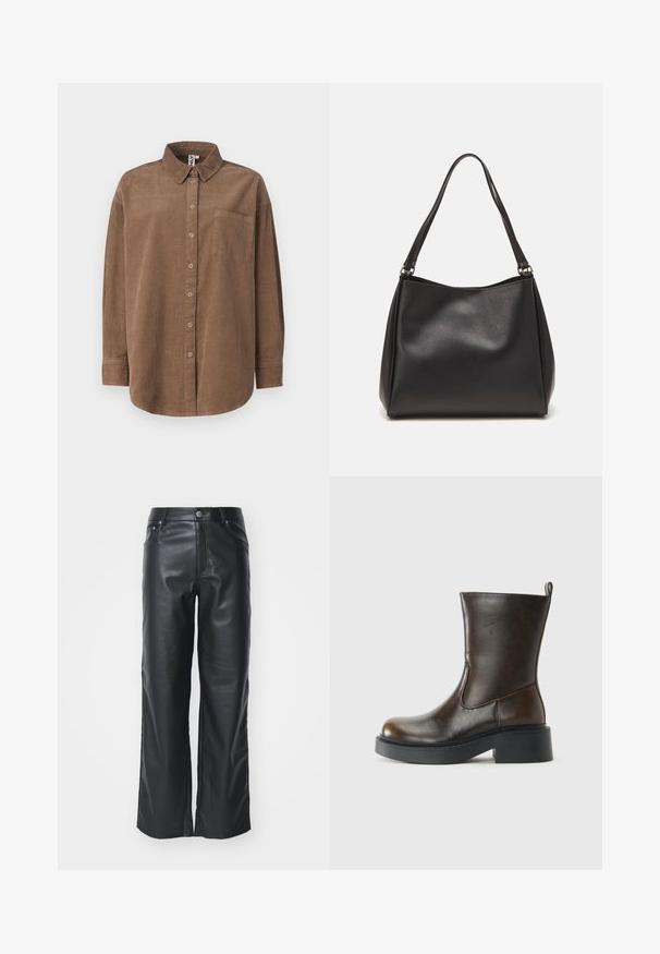 ONLY ONLAIME MOXI LONG - Blusa com botões - fossil; Calças de couro pretas de perna larga com uma textura suave, apresentando um fecho frontal por botão e um design de cinco bolsos. Cortadas para um ajuste confortável.; Bota de couro castanho escuro até à panturrilha, com bico arredondado, sola preta grossa, salto baixo e alça na parte de trás.; Bolsa de mão em pele sintética preta com uma textura suave, de forma hobo, e alças duplas para os ombros; apresenta um acabamento brilhante e um design minimalista.