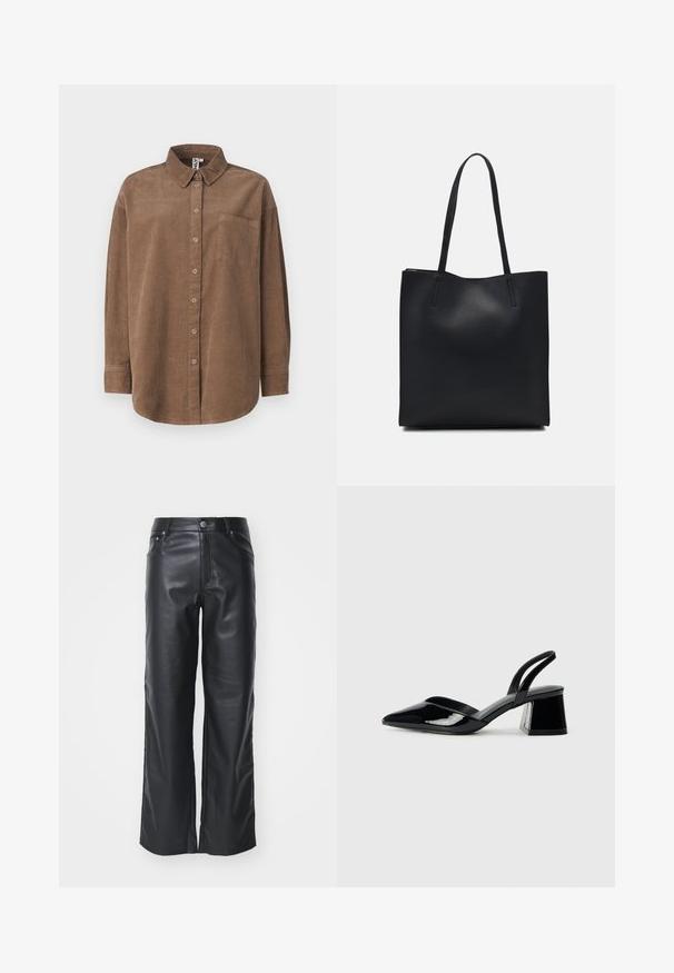 ONLY ONLAIME MOXI LONG - Blus - fossil; Svarta läderbyxor med vida ben och en mjuk yta, med en knappstängning fram och fem fickor. Designade för en avslappnad passform.; Svarta lackläder slingback klackar med spetsig tå och geometrisk klack. Har en elegant, minimalistisk design och slät yta.; Svart lädertoffelväska med slät textur, rektangulär form och två långa handtag. Ingen synlig hårdvara eller dekorationer.