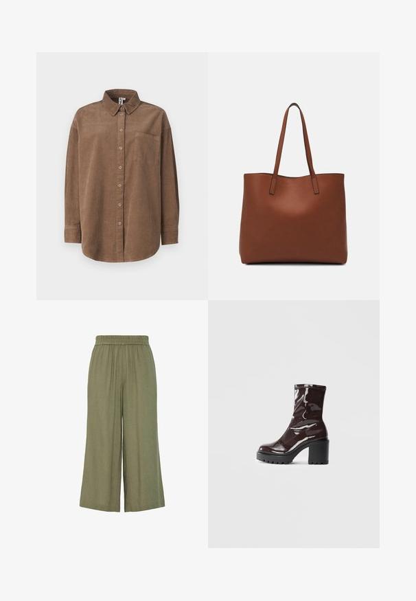 ONLY ONLAIME MOXI LONG - Bluza z gumbi - fossil; Zelene široke hlače izdelane iz lahkotne tkanine, ki imajo elastičen pas in nabrano zasnovo, primerne za vsakodnevno nošenje.; Sijajan škrlatank z bleščečim videzom, z masivnim črnim peto, ki se ponaša z gladko teksturo in preprostim dizajnom. Brez vidnih zapenjal ali vzorcev.; Rjava usnjena torba z gladko teksturo, odprto zasnovo zgoraj in dvema naramnima trakovoma. Opremljena je z minimalnim šivanjem in brez vidnih kovinskih delov.