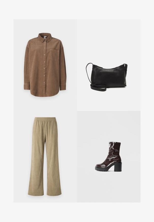 ONLY ONLAIME MOXI LONG - Blúzka so zapínaním na gombíky - fossil; Béžové kordové nohavice s širokými nohavicami a elastickým pásom, s vertikálnou ryhovanou textúrou a voľným strihom. Ideálne na neformálne nosenie.; Lesklé burgundské kotníkové boty s robustním černým podpatkem, s hladkou strukturou a jednoduchým designem. Bez viditelných zapínání nebo vzorů.; Čierna kožená ramenná taška s hladkou textúrou, zakriveným tvarom, nastaviteľným popruhom a zipsom. Minimalistický dizajn bez ozdôb.