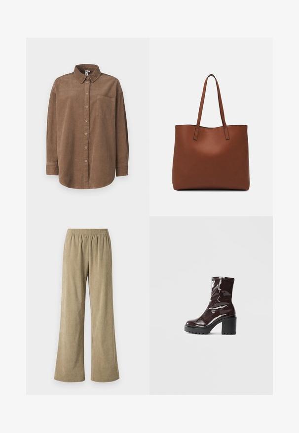 ONLY ONLAIME MOXI LONG - Pogājama blūze - fossil; Bežīgas korduroja bikses ar plašām kājām un elastīgu jostasvītru, ar vertikālu ribotu tekstūru un brīvu piegriezumu. Ideāli piemērotas ikdienas valkāšanai.; Spīdīgas bordo potīšu botītes ar masīlu melnu papēdi, kurām ir gluda tekstūra un vienkāršs dizains. Nav redzamu aizdari vai rakstu.; Brūna ādas iepirkumu soma ar gludu tekstūru, atvērta augšdaļa un divas plecu siksnas. Izceļas ar minimālām šuvēm un redzamu aparatūru nav.