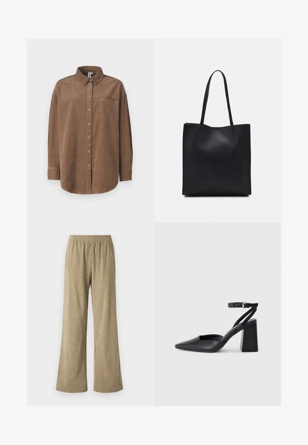 ONLY ONLAIME MOXI LONG - Button-down blouse - fossil; Beige corduroy wide-leg pants with an elastic waistband, featuring vertical ribbed texture and a loose fit. Ideal for casual wear.; Black leather pointy-toe pump with an ankle strap and a chunky heel. Flat texture, sleek design, and minimalistic aesthetics.; Black leather tote bag with smooth texture, rectangular shape, and two long handles. No visible hardware or embellishments.