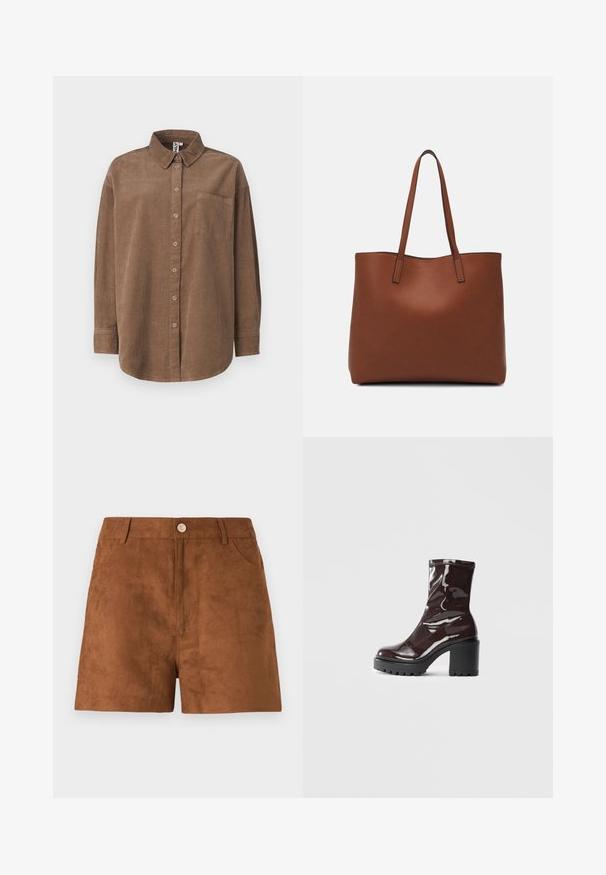 ONLY ONLAIME MOXI LONG - Košilová halenka - fossil; Hnědé semišové šortky s hladkou texturou, s předním zapínáním na knoflík a postranními kapsami. Rovný střih a délka do poloviny stehna.; Lesklá bordó kotníková bota s masivním černým podpatkem, se hladkým povrchem a jednoduchým designem. Žádné viditelné zapínání ani vzory.; Hnědá kožená taška přes rameno s hladkou texturou, otevřeným designem a dvěma ramenními popruhy. Obsahuje minimální švy a žádné viditelné kovové prvky.