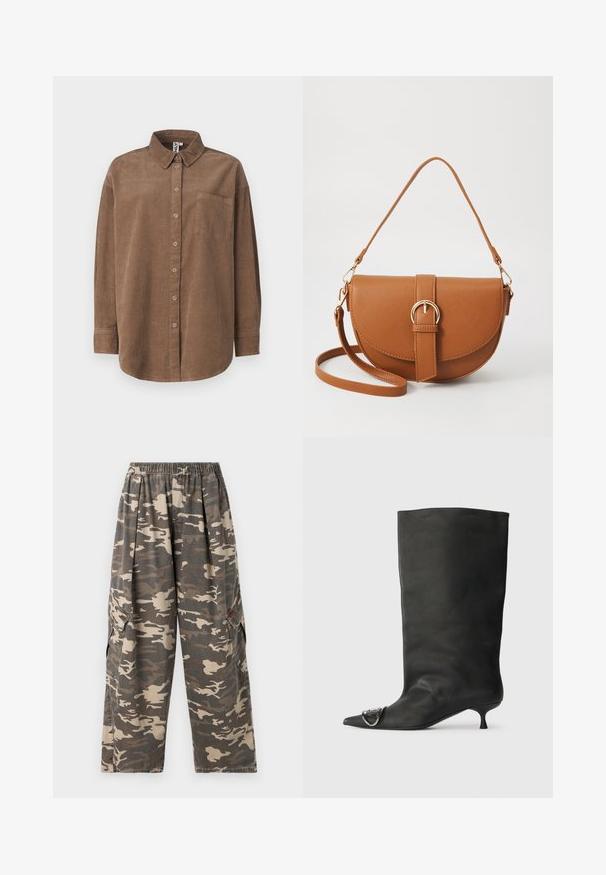 ONLY ONLAIME MOXI LONG - Paitapusero - fossil; BDG Urban Outfitters BOBBI - Reisitaskuhousut - camo; Musta nahkainen nilkkabootsi, jossa on terävä kärki, pieni korko ja metallinen korostus kärjessä. Pehmeä, mattapintainen rakenne kauttaaltaan.; Ruskean nahkainen olkalaukku, jossa on kaareva muoto, kultaiset yksityiskohdat ja solkiyksityiskohta. Varustettu irrotettavalla olkahihnalla.