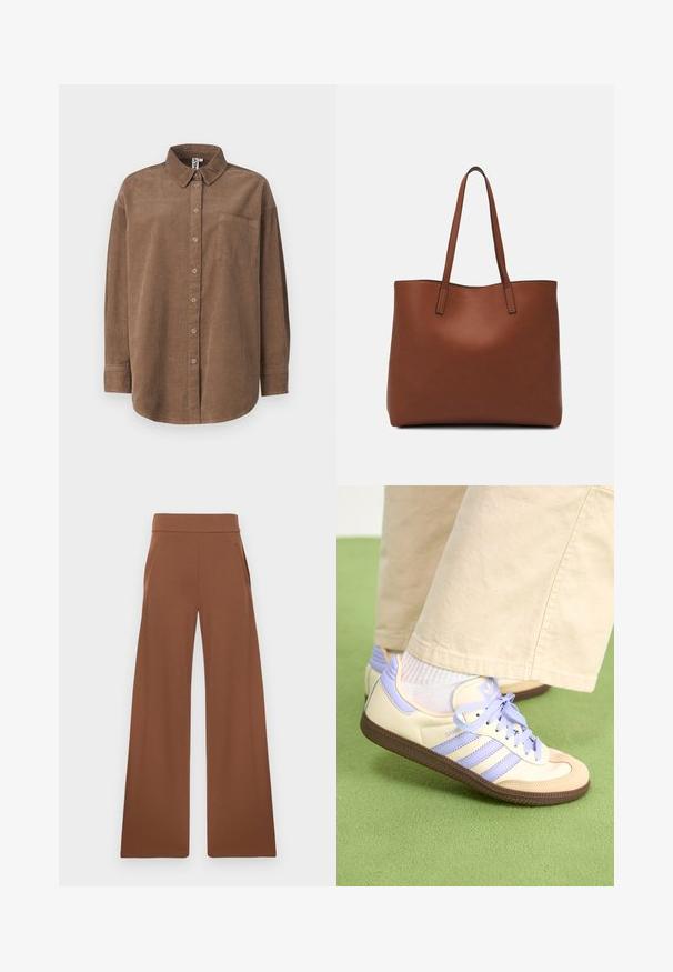 ONLY ONLAIME MOXI LONG - Overhemdblouse - fossil; Bruine wijde broek van een gladde, rekbare stof. Heeft een hoge tailleband en zijzakken, ontworpen voor een ontspannen pasvorm.; Crème- en lavendel-sneakers met drie strepen en een gestructureerde bruine zool, voorzien van veters en een gewatteerde hiel. Zachte stoffen bovenkant.; Bruine leren tote bag met een gladde textuur, een ontwerp met een open bovenkant en twee schouderbanden. Kenmerkt zich door minimale stiksels en geen zichtbare hardware.
