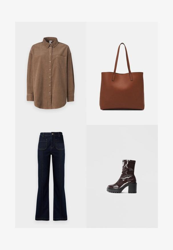 ONLY ONLAIME MOXI LONG - Skjortebluser - fossil; Mørkeblå, flagrende jeans lavet af denim, med høj talje, to baglommer og synlig syning langs sømmene.; Glatte burgunder ankelstøvler med en chunky sort hæl, der har en glat tekstur og et simpelt design. Ingen synlige lukninger eller mønstre.; Brun læder tote taske med en glat overflade, åben topdesign og to skulderremme. Har minimal syning og ingen synlig hardware.