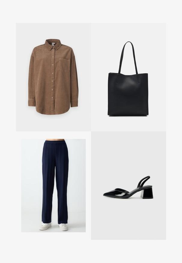 ONLY ONLAIME MOXI LONG - Hemdbluse - fossil; Marineblauweite Hose mit vertikaler Ripptextur, elastischem Bund und lockerer Passform, kombiniert mit weißen Freizeitsneakern.; Schwarze Lackleder-Slingback-High Heels mit spitzem Schuh und einem geometrischen Blockabsatz. Verfügt über ein schlankes, minimalistisches Design und eine glatte Textur.; Schwarze Laptoptasche aus Leder mit glatter Textur, rechteckiger Form und zwei langen Griffen. Keine sichtbaren Beschläge oder Verzierungen.