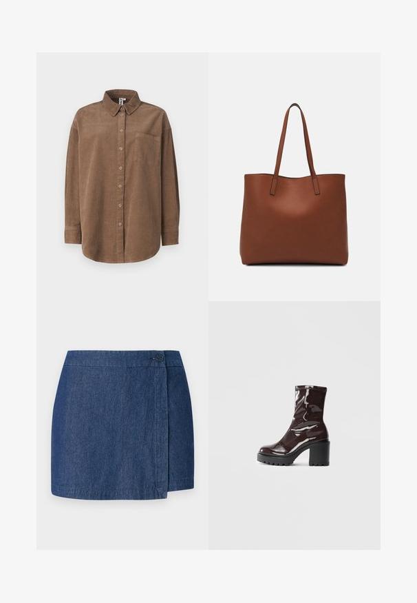 ONLY ONLAIME MOXI LONG - Πουκαμίσα με κουμπιά - fossil; Δερμάτινη φούστα με σχέδιο τύπου wrap, σκούρο μπλε χρώμα, με κούμπωμα από τη δεξιά πλευρά και ευθεία γραμμή. Μαλακή υφή.; Γυαλιστερό μποτάκι σε μπορντώ απόχρωση μέχρι τον αστράγαλο με χοντρό μαύρο τακούνι, χαρακτηρισμένο από λεία υφή και απλό σχέδιο. Χωρίς ορατούς κλειδώματος ή μοτίβα.; Καφέ δερμάτινη τσάντα tote με λεία υφή, ανοιχτό σχέδιο και δύο λουριά ώμου. Διαθέτει ελάχιστη ραφή και χωρίς ορατά μεταλλικά εξαρτήματα.