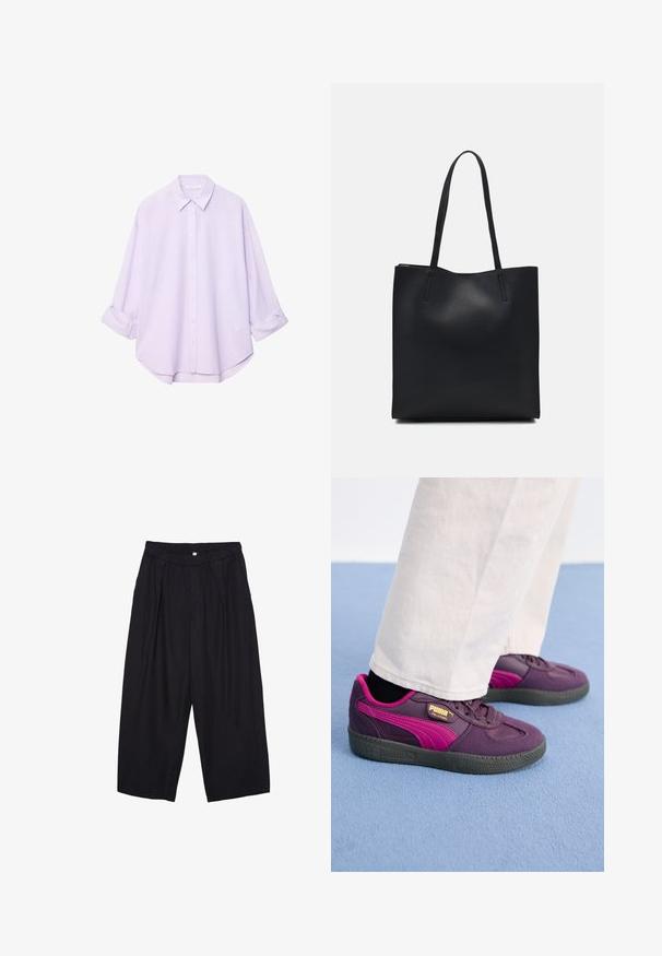 Svetlo vijoličasta srajca s kragnjo, dolgimi zavihanimi rokavi in ukrivljenim robom. Narejena iz gladkega, lahkotnega materiala.; Črne poliesterske culotte hlače z elastičnim pasom, dvema sprednjima nabiranjema in ohlapnim krojem. Brez vidnih vzorcev ali kovinskih detajlov.; Vijolične in roza superge z gumijastim podplatom, ki imajo teksturirano površino, vezalke in zlat brand na strani. Bele hlače kontrastirajo s čevlji.; Črna usnjena torba s svilnato teksturo, pravokotne oblike in dvema dolgima ročajema. Brez vidnih metalnih delov ali okrasnih elementov.