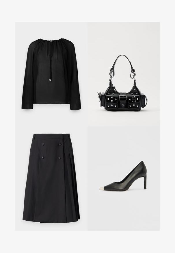 Juoda permatoma bliuska su ilgomis rankovėmis, raukšlėtu iškirpimu ir virvelėmis su sidabro akcentais. Lengvas ir plazdantis tekstūros jausmas.; The Kooples JUPE - Trapecinis sijonas - black; Juodas odinis aukštakulnis batelis su smailia nosimi ir metaliniu sidabriniu galiuku. Turi lygų paviršių ir ploną 10 cm kulną.; Juodas odinis rankinukas su kreiviu dizainu, su sidabro spalvos knopkėmis, užsegimu ir dviem šoninėmis kišenėmis. Reguliuojama dirželis nešimui.