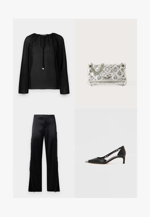 Musthave musträäk bluus, millel on pikad varrukad, kogutud kaelus ja sellel on hõbedased aktsendid ning pael. Kerge ja voolav tekstuur.; Mustad satiinpüksid laia säärega, mille külgseintel on fruuride detailid ja lame talje. Seljaosa on lihtne, ilma taskuteta.; Mustast nahast kassikontsaga king, millel on terava kujuga hõbedane nina ja topeltsõlmedega rihmad, valgel taustal.; Hõbedane metallist käekott ahelakäepidemega, koos tepitud tekstuuri, dekoratiivse õmbluse ja lukuga. Esiküljel on embosseeritud aktsendid.