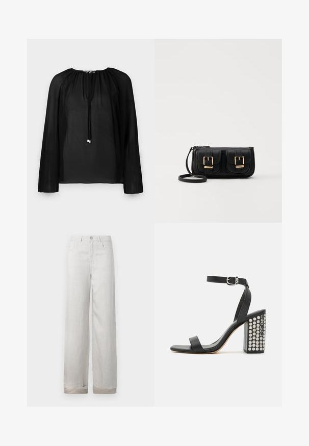 Blusa preta transparente com mangas longas, decote franzido e cordão com detalhes em prata. Textura leve e fluida.; Calças de linho cinza claro com um corte relaxado, cinco bolsos, fecho de botão e punhos dobrados. Textura suave com um brilho subtil.; Sandálias de salto em couro preto com tira no tornozelo. Apresentam uma ponta quadrada, textura suave e um salto quadrado decorado com tachas prateadas.; Bolsa de ombro em couro preto com dois bolsos frontais, fivelas douradas, fecho de zíper e uma alça fina. Superfície texturizada e forma retangular compacta.