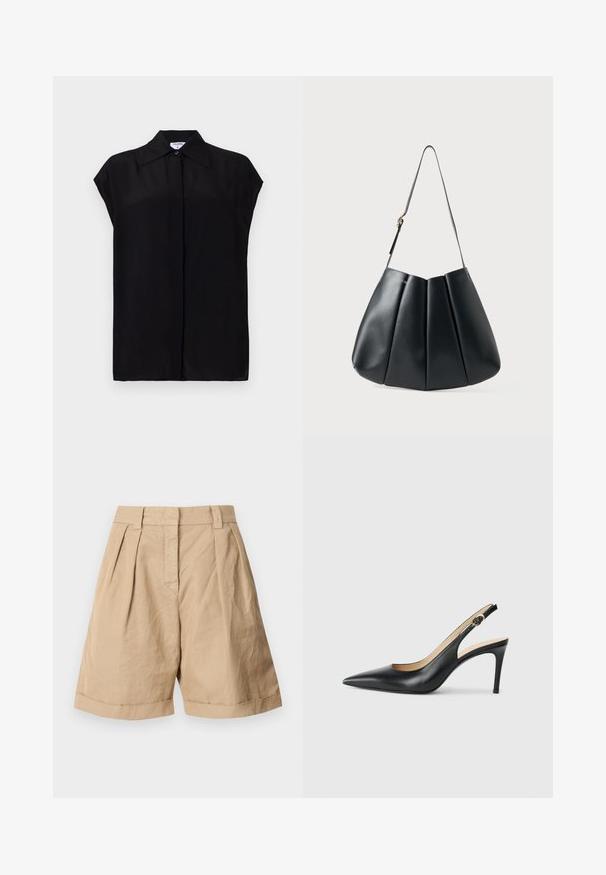 Svart, kortärmad blus i slät tyg. Har en spetsig krage och knappslutning framtill. Ren, minimalistisk design.; Beiga linne-shorts med hög midja, två framfickor och uppvikta muddar. Slät textur med skräddarsydd design.; Svarta läder slingback-högklackade skor med spetsig tå, justerbar rem och en smal stilettklack, med en slät finish.; Svart läder axelväska med veckad design, len yta, en enda rem och en diskret guldfärgad detalj.