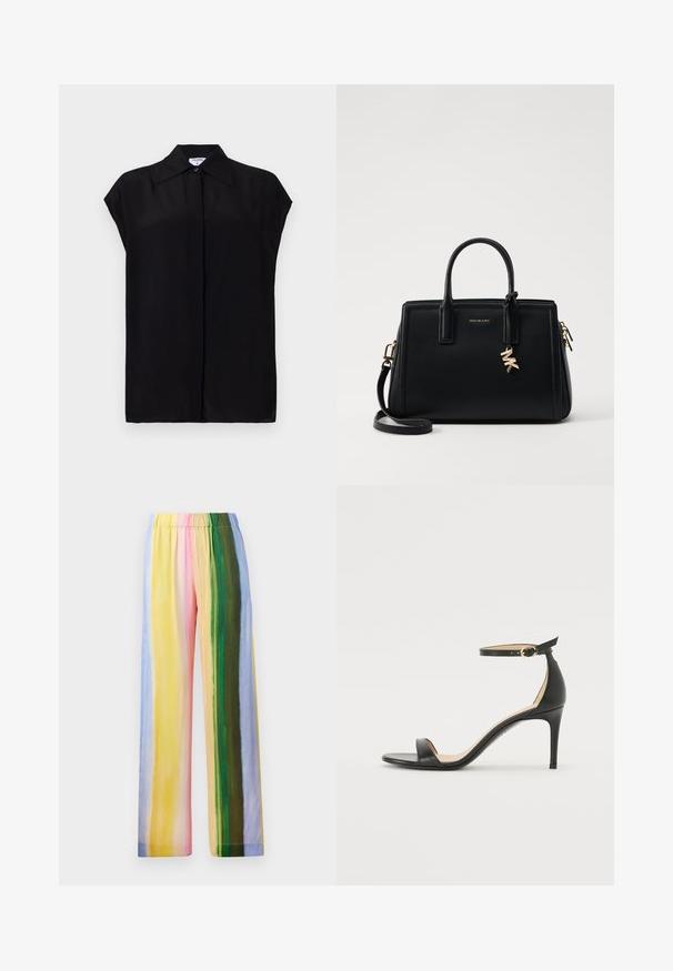 Fekete, rövid ujjú blúz sima anyagból készült. Hegyes gallérral és elöl gombos záródással rendelkezik. Tiszta, minimál stílusú dizájn.; Széles lábú nadrág rugalmas derékkal, pasztell színekben: sárga, rózsaszín, zöld, kék és világoslila függőleges csíkokkal. Sima textúra.; Fekete bőr magassarkú szandál bokapánttal. Simább textúrájú, nyitott orrú és vékony sarkú. Arany színű csat részlet.; Fekete bőr kézitáska strukturált dizájnnal, dupla felső fogantyúkkal, levehető vállpánttal, arany színű fémrészletekkel és logómedál díszítéssel.