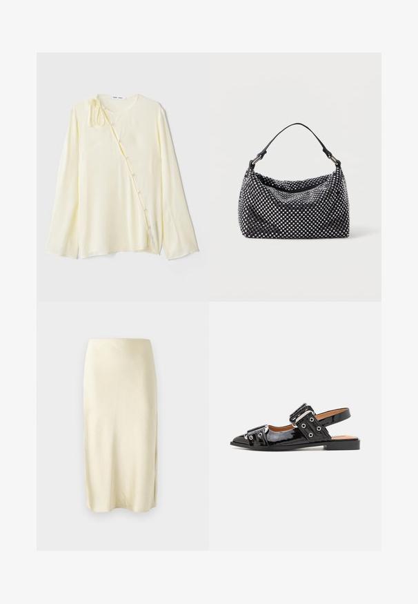 Bluzka z długim rękawem w kolorze żółtym, wykonana z jedwabistego materiału, z okrągłym dekoltem, bocznym zapięciem na guziki ozdobne oraz wiązanym akcentem na ramieniu.; Sukienka midi z satyny w jasnym żółtym kolorze o gładkiej fakturze, z bocznym rozcięciem i prostym krojem. Prosta i elegancka sylwetka.; Czarne lakierowane buty slingback z lekko spiczastym czubkiem, z dwoma dużymi klamrami i detalami w postaci oczków po bokach. Płaska podeszwa.; Czarna i srebrna torebka z plecioną, teksturowaną powierzchnią charakteryzującą się kwadratowymi wzorami, z pojedynczą rączką u góry i luźnym fasonem.