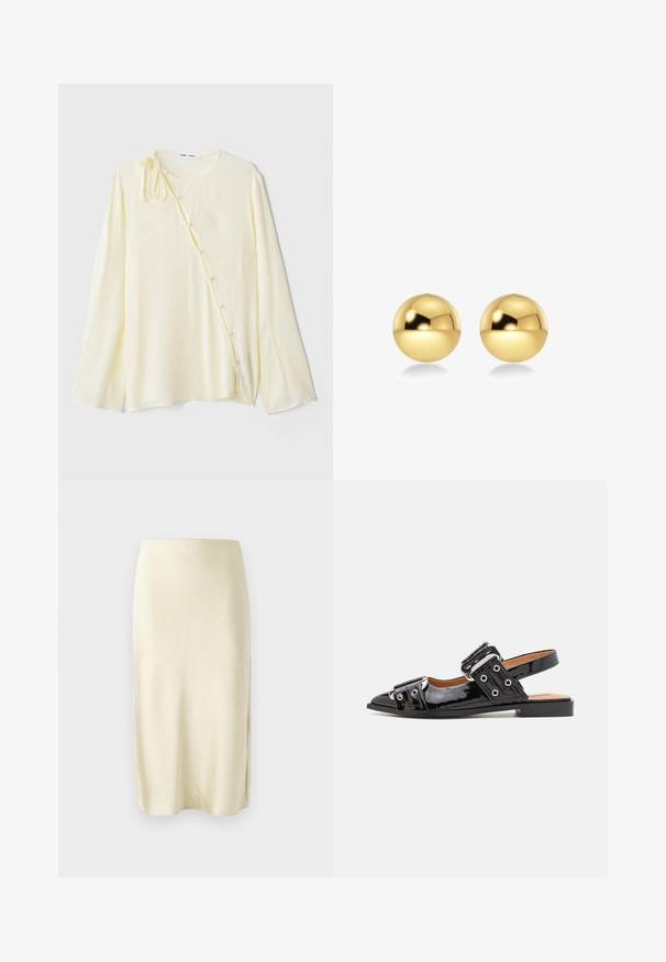 Garie garā piedurkņu dzeltena blūze no zīda auduma, kurai ir apaļš kakla izgriezums, sānu pogu aizdare ar dekoratīvām pogām un sasaistes akcentu uz pleca.; Zīda midi svārki gaiši dzeltenā krāsā ar gludu tekstūru, piedāvā sānu izgriezumu un taisnu griezumu. Vienkārša un eleganta silueta.; Melnas lakotās ādas kurpes ar atvērtu papēdi un smailu pirkstu, ar diviem lieliem sprādžu akcentiem un grommetu detaļām sānos. Plakana zole.; Zeltainas sfēriskas auskaru pušķis ar mirdzošu, atstarojošu virsmu. Dizains ir vienkāršs un gluds, radot modernu, minimālistisku izskatu.