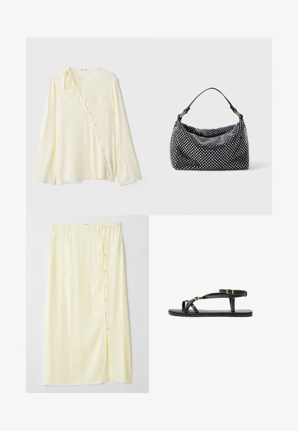 Keltainen pitkähihaisessa puserossa on silkkiä muistuttava kangas, pyöreä pääntie, sivupainonnan sulkeminen koristepainikkeilla ja solmittu yksityiskohta olkapäällä.; Pitkä, vaaleankeltainen hame, joka on valmistettu pehmeästä kankaasta. Hameessa on sivuhalkio ja nappikiinnitys, ja sen pinta on sileä ja istuvuus rento.; Mustat nahkasaappaat, joissa on ohuet hihnat ja soljellinen nilkkahihna. Tasainen pohja tekstuurilla ja sahalaitareunalla. Minimalistinen muotoilu.; Musta ja hopea käsilaukku, jossa on kudottu, tekstuurinen pinta ja neliökuvioita, yksi yläkahva sekä rento muotoilu.