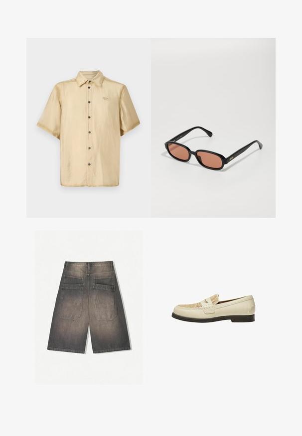 Kortärmad skjorta i ljusbeige satin med en glansig yta, knappstängning framtill och en liten logotyp på vänster bröst.; Mörkgrå denimshorts med en urtvättad finish, med två bakfickor och raka, vida ben. Ingen synlig hårdvara eller dekorationer.; Beiga läder loafers med vävt mönster på tån och en platt brun sula. Har en dekorativ rem över framsidan.; Svarta rektangulära solglasögon med tonade rosafärgade linser. Slät plastbåge med polerad yta och guldfärgad "QUAY"-logotyp på sidan.; Söljekedja halsband med sammanlänkade länkar, slät yta och clasp-stängning. Designen är enhetlig och något tjock.