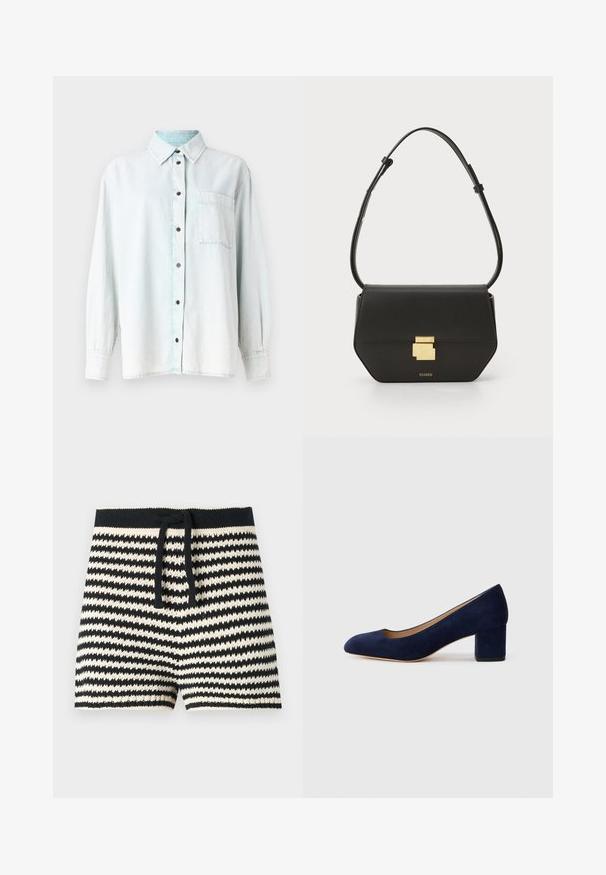 Svijetloplava traper košulja dugih rukava, s šiljastim okovratnikom, kopčanjem sprijeda, jednim džepom na prsima i smeškastim dugmadi. Mekana tekstura, blago izbjeđena pranja.; CLOSED Kratke hlače - black; Tamno plava suede salonka s šiljastim vrhom i blok petom srednje visine. Glatka tekstura s blagim sjajem i malim izrezom sprijeda.; CLOSED CLOSED ONE - Torba preko tijela - black