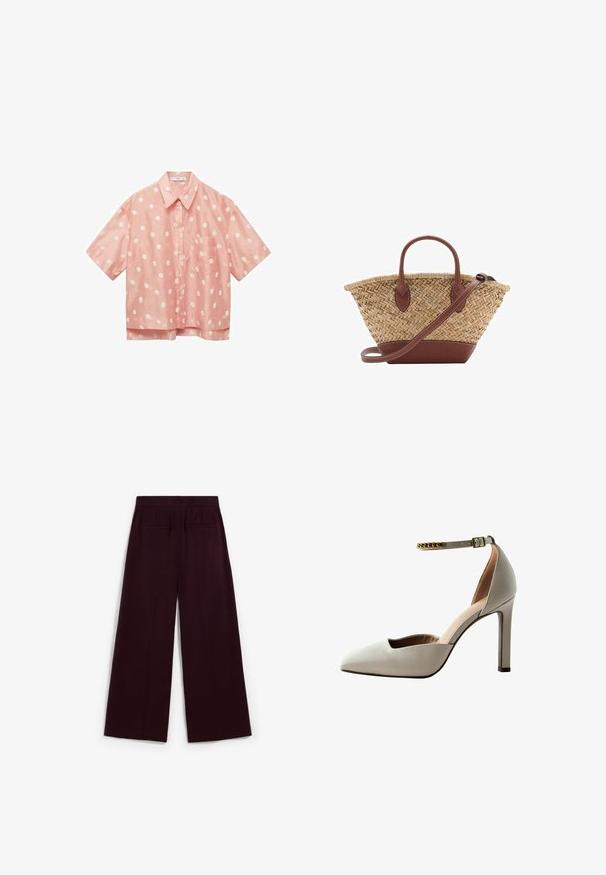 Short-sleeved pink shirt featuring a floral pattern, button front, and left chest pocket. Made from lightweight fabric with a smooth texture.; Wide-leg trousers in deep burgundy, featuring a smooth texture, two back pockets, and a flat waistband.; Light gray high-heeled shoe with a pointed toe, open vamp design, ankle strap, and gold chain accent. Smooth leather texture.; Woven straw basket bag with brown leather accents, two handles, and a detachable strap. Curved shape with a sturdy base.