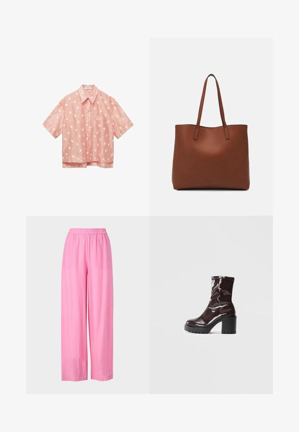 Ruža s kratkimi rokavi z rožnatim vzorcem, z gumbnim zapiranjem spredaj in žepom na levi strani prsnega dela. Narejen iz lahkega materiala z gladko teksturo.; Roza široka hlače iz lahkega materiala z elastičnim pasom. Gladka tekstura, brez vidnih vzorcev ali dekoracij.; Sijajan škrlatank z bleščečim videzom, z masivnim črnim peto, ki se ponaša z gladko teksturo in preprostim dizajnom. Brez vidnih zapenjal ali vzorcev.; Rjava usnjena torba z gladko teksturo, odprto zasnovo zgoraj in dvema naramnima trakovoma. Opremljena je z minimalnim šivanjem in brez vidnih kovinskih delov.