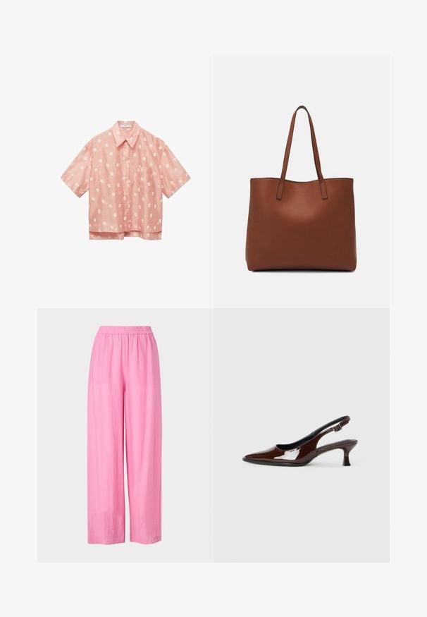 Ružičasta košulja kratkih rukava s cvjetnim uzorkom, dugmadi sprijeda i džepom na lijevoj strani grudi. Izrađena od laganog materijala s glatkom teksturom.; Roze široke hlače napravljene od lagane tkanine s elastičnim pojasom. Glatka tekstura, bez vidljivih uzoraka ili akcenta.; Smeđe patentne kožne cipele s otvorenom petom, špicastim vrhom i umjerenom petom. Imaju remen s kopčom za sigurno pristajanje. Glatka tekstura.; Smeđa kožna torba preko ramena s glatkom teksturom, otvorenim vrhom i dvjema naramenicama. Ima minimalne šavove i nema vidljivog hardvera.