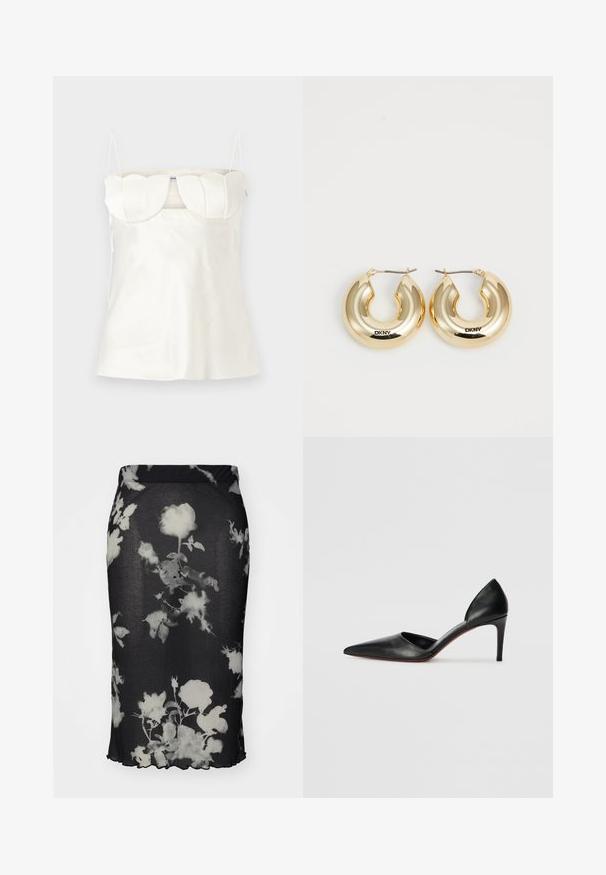 White satin camisole with adjustable straps, a structured, scalloped bust, and a straight hem. Smooth texture and minimalist design.; Black ribbed skirt featuring a white floral print, with a fitted design and scalloped hem. Material appears stretchy and lightweight.; Black leather high-heeled pumps with a pointed toe, open sides, and a sleek silhouette. Features a thin heel and red sole accent.; Gold hoop earrings with a smooth, rounded design and a shiny finish, featuring a clasp for securing. Engraved with "DKNY."